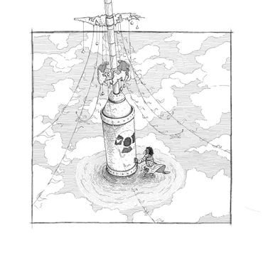 A person clings to a giant bottle with a skull, floating on water under a cloudy sky.