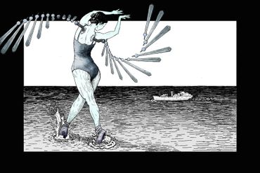 Illustration of a woman walking on water with a ship in the background.