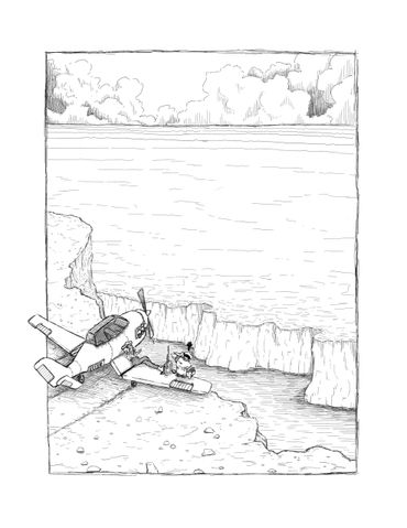 Pilot sitting on cliff edge near a small plane overlooking the sea.