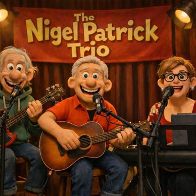 The Nigel Patrick Trio performing with instruments and microphones on stage.