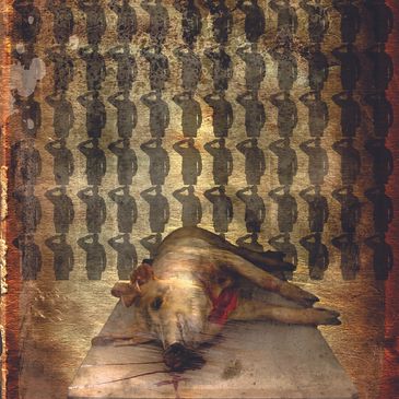 A dog lies lifeless on a wooden surface with shadowy figures behind.