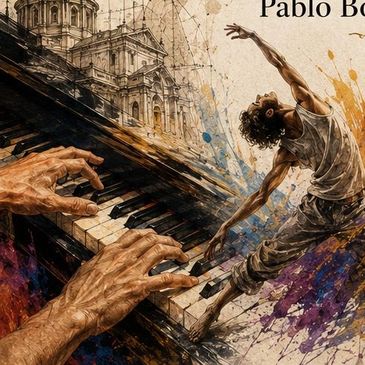 Artistic depiction of a dancer interacting with piano keys in a vibrant, surreal style.