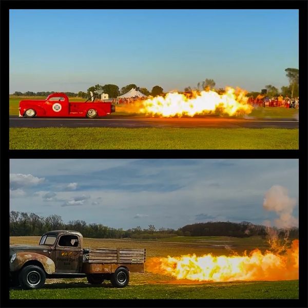 Two trucks emitting large flames from their exhausts in outdoor settings.