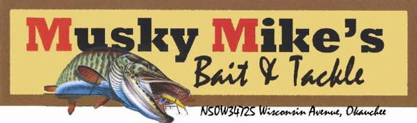 Logo for Musky Mike's Bait &amp; Tackle with a fish illustration.