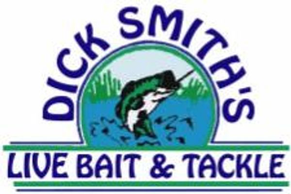 Logo for Dick Smith's Live Bait &amp; Tackle with a fish jumping out of water.