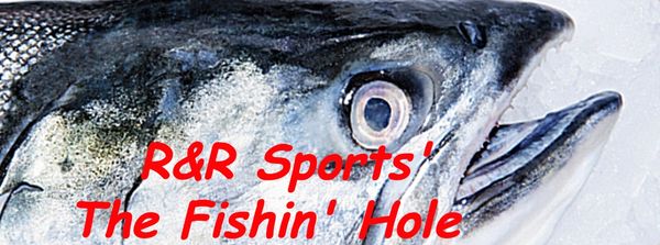 Close-up of a fish head with text promoting R&amp;R Sports' The Fishin' Hole.