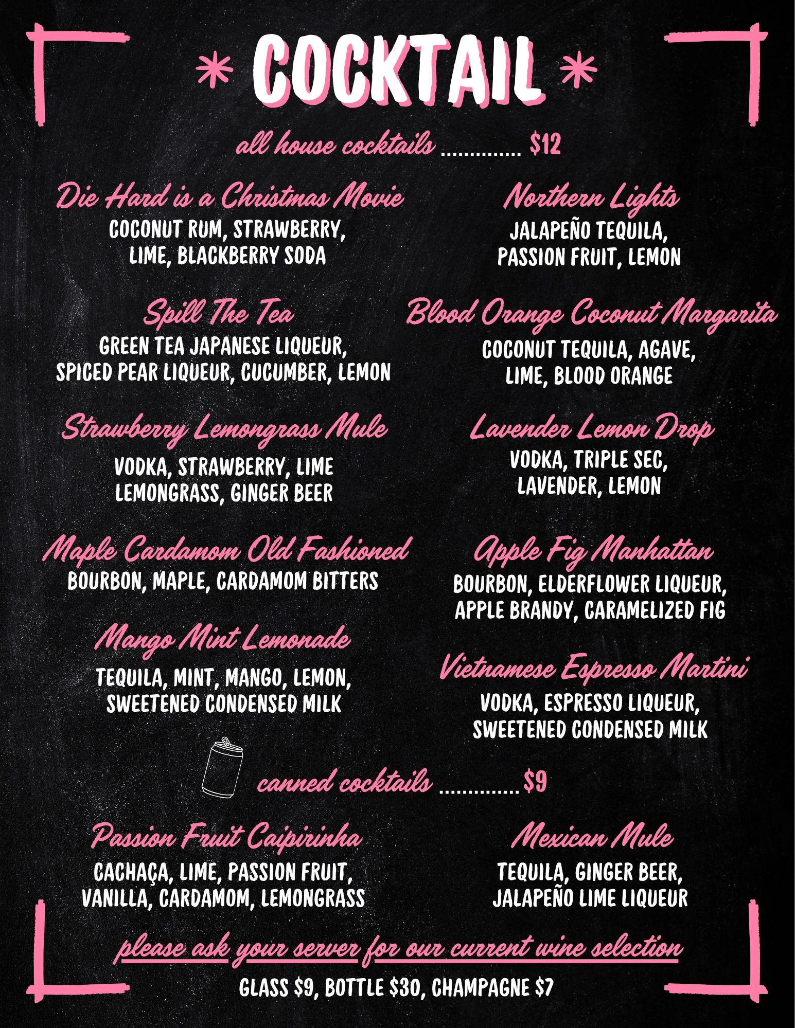 Cocktail menu featuring house cocktails for $12 and canned cocktails for $9 with unique ingredients.
