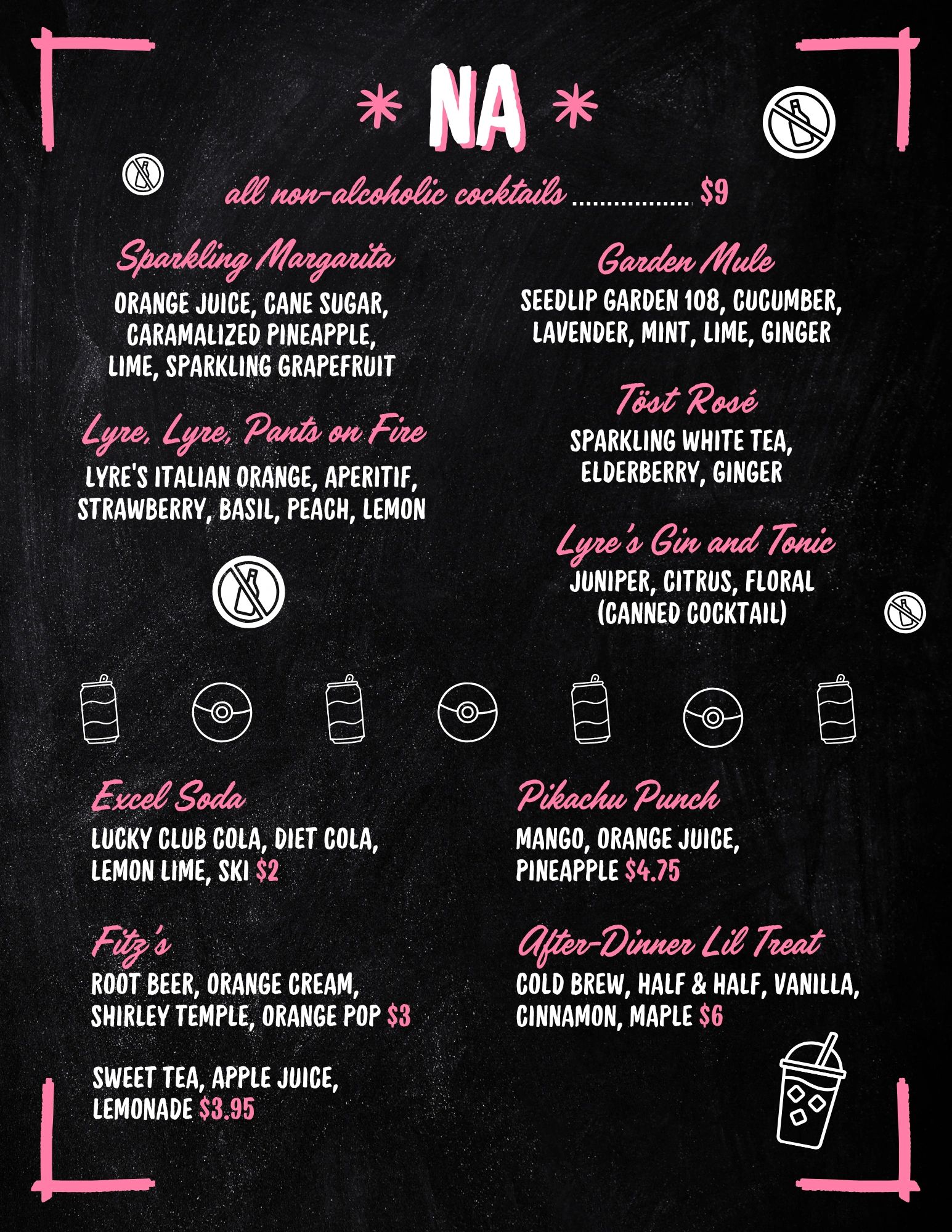 Menu of non-alcoholic cocktails and sodas with prices and ingredients listed.