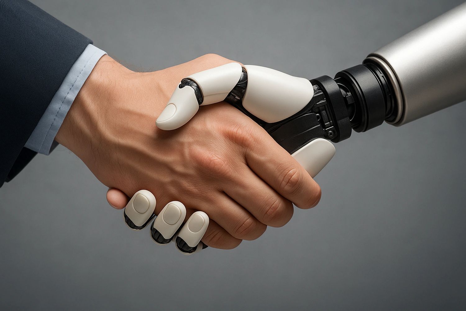 A human hand shaking a robotic hand symbolizing collaboration.