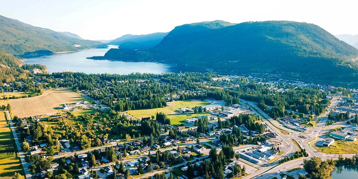 Drone shot of Sicamous. Monashee Motel in Sicamous.