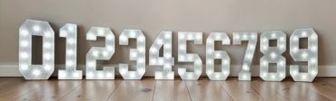 Illuminated marquee numbers 0-9 lined up on the floor.