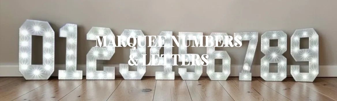 Illuminated marquee numbers from 0 to 9 on a wooden floor.