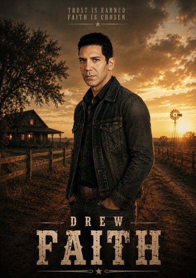 A man stands on a rural path at sunset with the words 'Trust is earned. Faith is chosen.'
