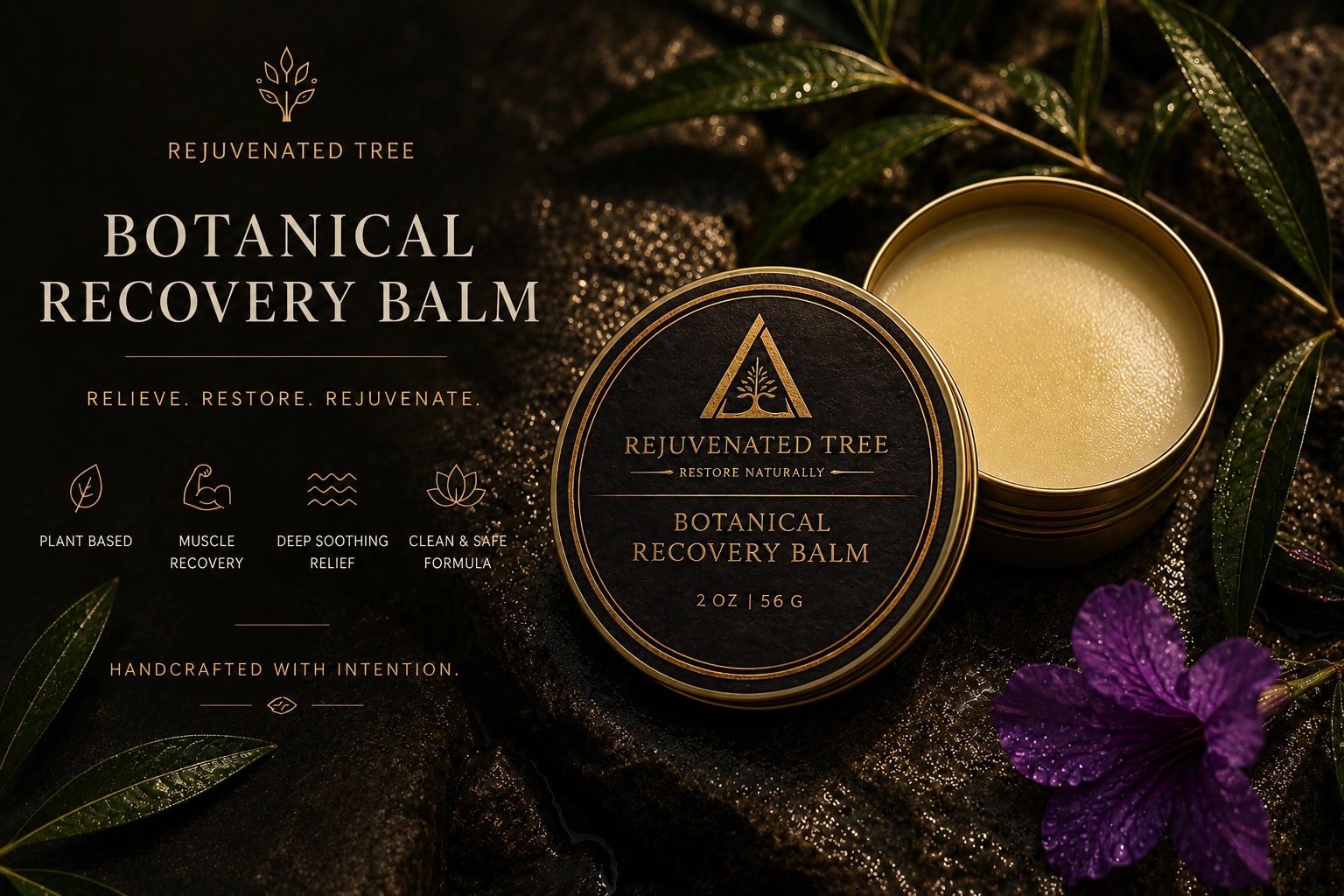 Rejuvenated Tree Botanical Recovery Balm in a premium gold 2 oz tin with the lid open, showcasing the smooth balm texture on a black stone surface surrounded by natural botanical elements. Plant-based muscle recovery balm for everyday relief.