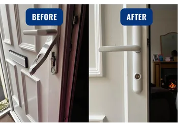 A before and after picture, broken lock and then new handle and lock in Keighley