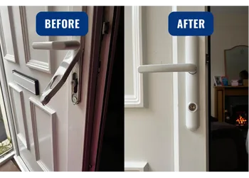 A before and after picture, broken lock and then new handle and lock in Bradford
