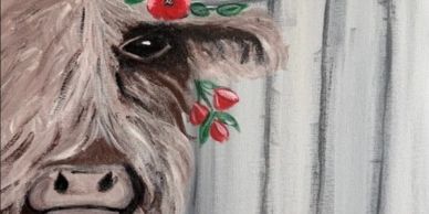 Close-up painting of a cow with flowers.