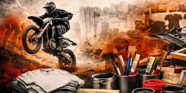 A biker jumps amidst a gritty urban backdrop with art supplies in the foreground.