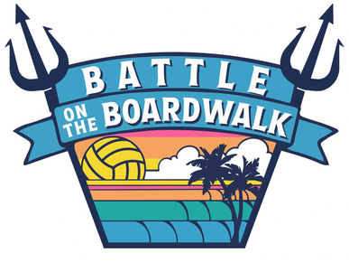 Logo for Battle on the Boardwalk water polo event with tridents and beach theme.