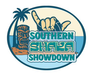 Logo with tiki statue, palm tree, and shaka hand sign for Southern Shaka Showdown.