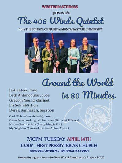 Poster with details about the April 14 Concert in Cody Wyoming, "Around the World in 80 Minutes." It