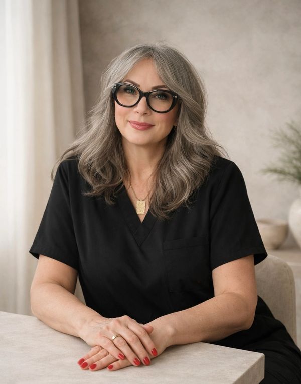Woman with gray hair and glasses sitting at a table.
