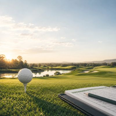 Golf ball on tee with scorecard and pencil during sunset.