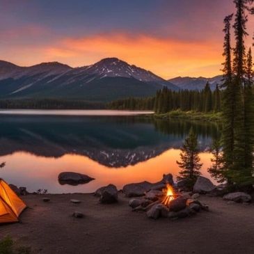 Campfire and tent by a tranquil lake at sunset with mountain reflections.