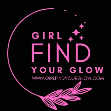 Girl find your glow logo, black background with pink typography
