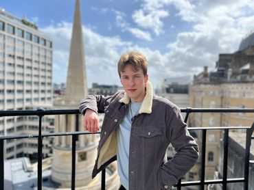 Jamie Moreland on the balcony of BBC Broadcasting House in London