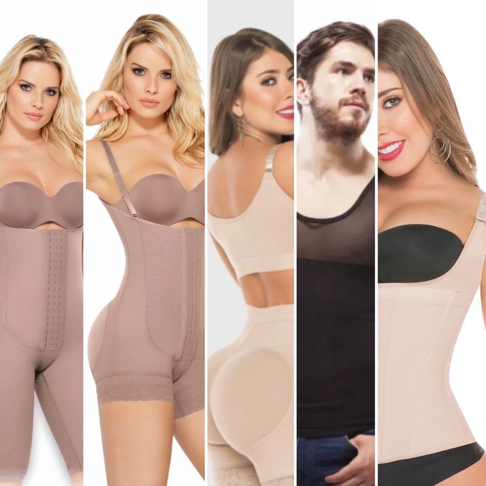 Grupo de personas modelando fajas de cuerpo completo, panty short que levanta glúteo, una cinturill
