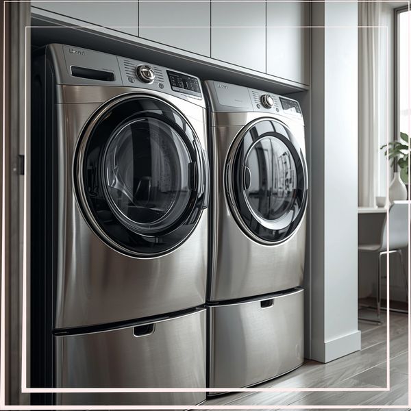 Modern stainless steel front-load washer and dryer set in a bright laundry room.