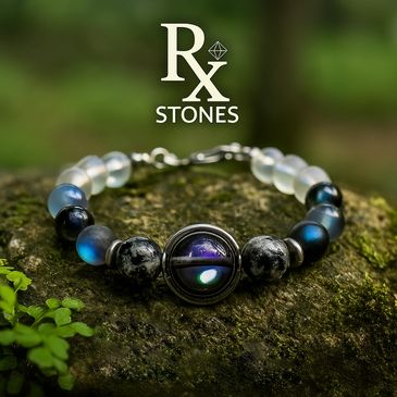 Bracelet with various color round beads and the logo RX stones