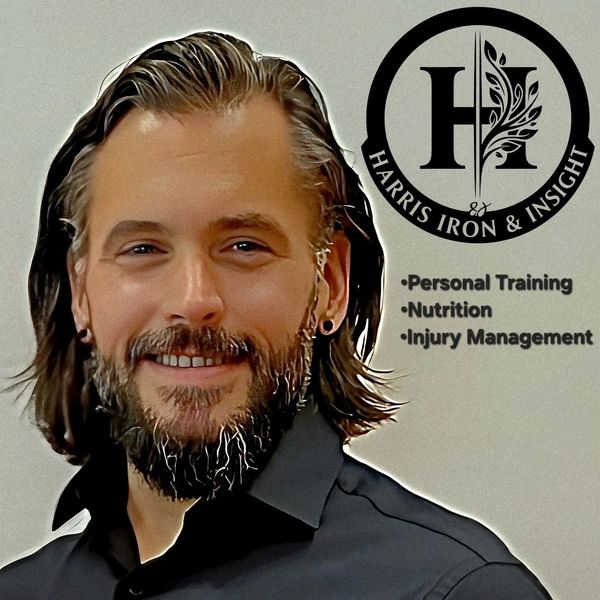 Smiling man promoting Harris Iron & Insight services including personal training, nutrition, and injury management.