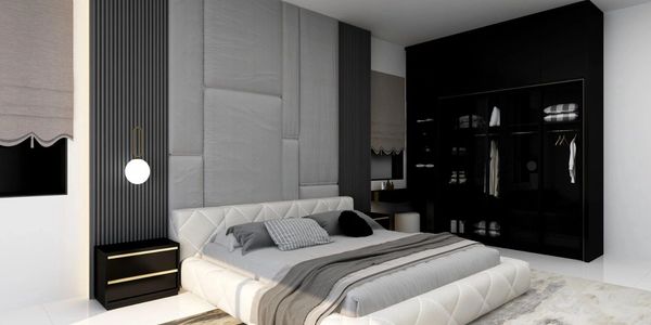 Elegant bedroom with black wardrobe and modern lighting by MK Reno