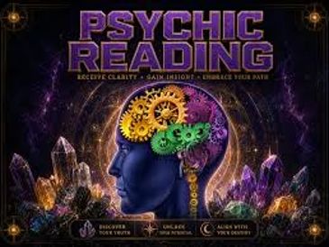 A vibrant psychic reading poster with colorful gears inside a human head silhouette.