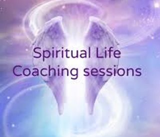 Spiritual life coaching sessions with angel wings and a mystical background.