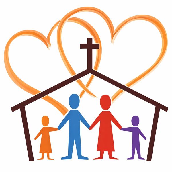 Illustration of a family holding hands inside a church with hearts in the background.
