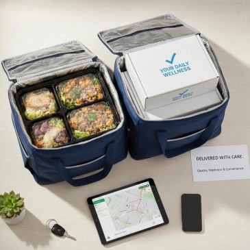Insulated bags with healthy meal containers and wellness boxes.