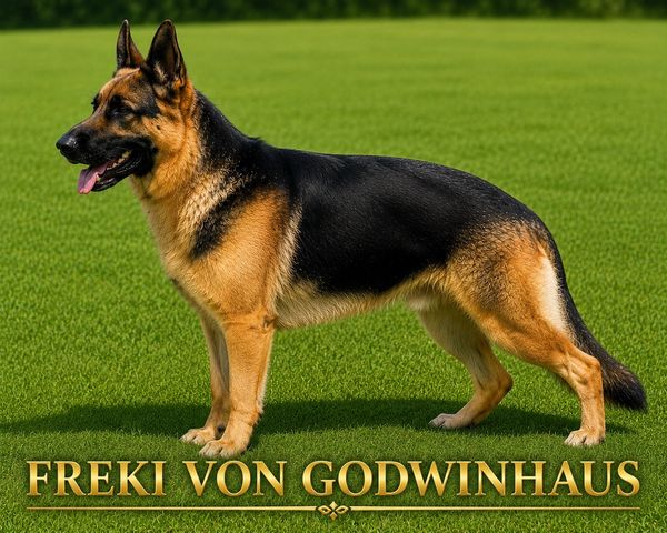 German Shepherd dog standing on grass.