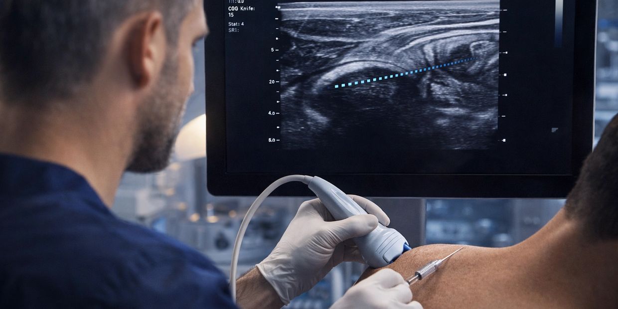 Doctor performing ultrasound-guided injection on patient's shoulder.