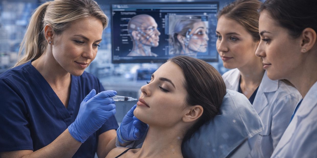 Medical professionals perform a facial injection procedure on a patient in a clinical setting.