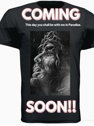 Black T-shirt with religious text and illustration.