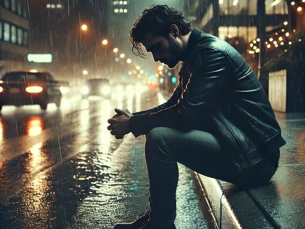 A man in a leather jacket sits alone on a wet city curb in the rain at night.
