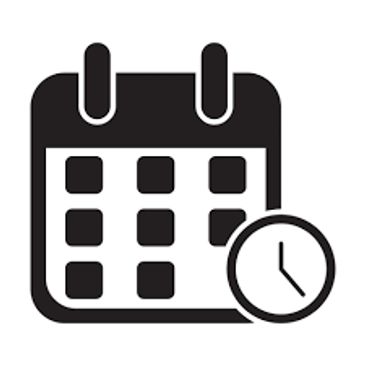 Black calendar icon with a clock symbol on white background.