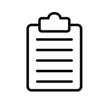 Black and white icon of a clipboard with lines representing text.