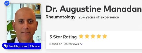 Profile of Dr. Augustine Manadan with 5-star rating in rheumatology.