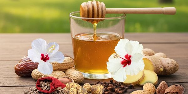 A glass of honey surrounded by various nuts, seeds, and flowers on a wooden surface.
