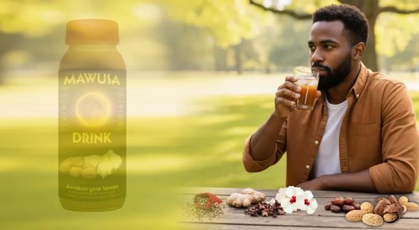 Man enjoying a healthy Mawusa Drink outdoors with natural ingredients on the table.