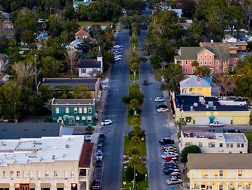 Aerial view of downtown St. Marys over the St. Marys River by Ashley Alexander.